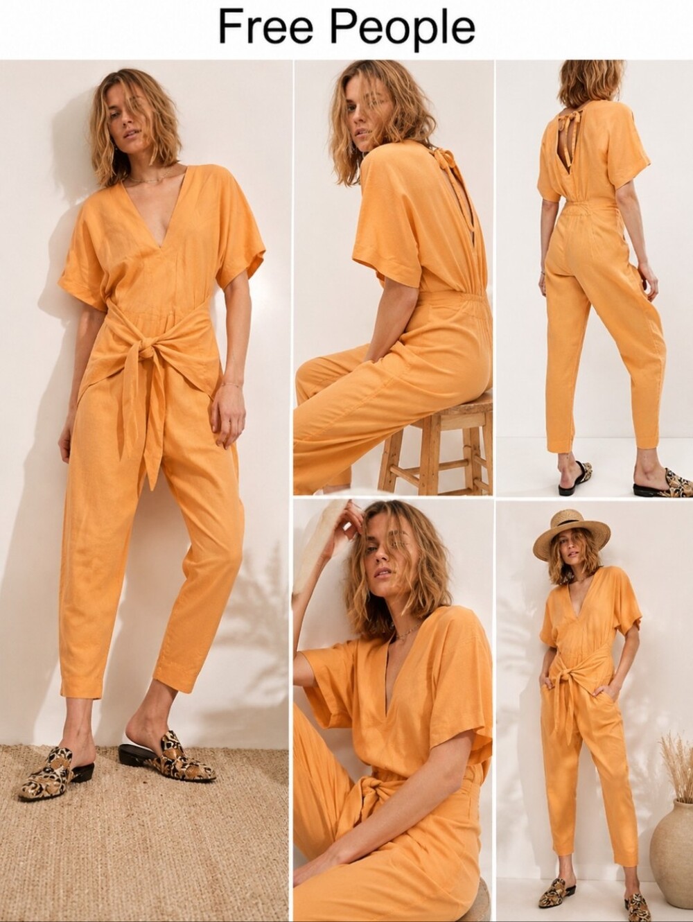 Free People Orange Tie-Waist V-Neck Jumpsuit